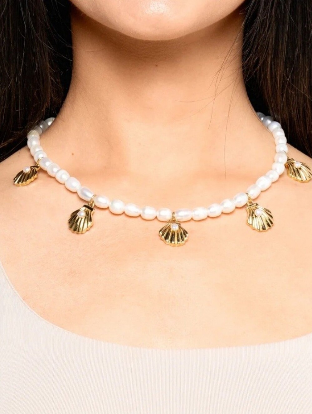 Freshwater Pearl Necklace with Gold Shell Charms - White & Gold